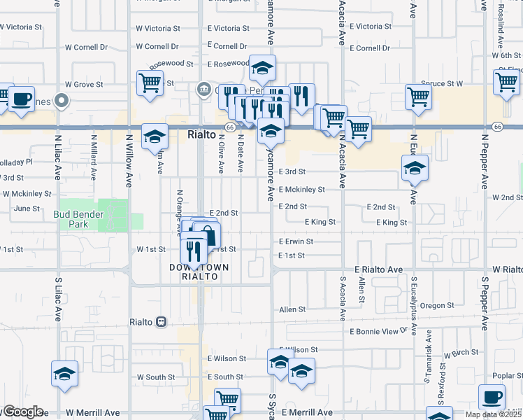 map of restaurants, bars, coffee shops, grocery stores, and more near 201 North Magnolia Avenue in Rialto