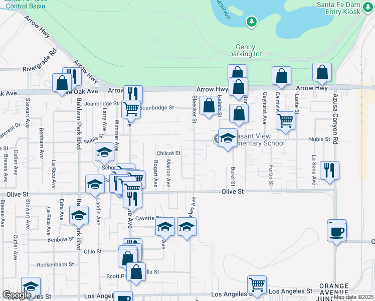 map of restaurants, bars, coffee shops, grocery stores, and more near 4945 Bleecker Street in Baldwin Park