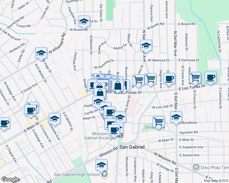 map of restaurants, bars, coffee shops, grocery stores, and more near 559 West Las Tunas Drive in San Gabriel