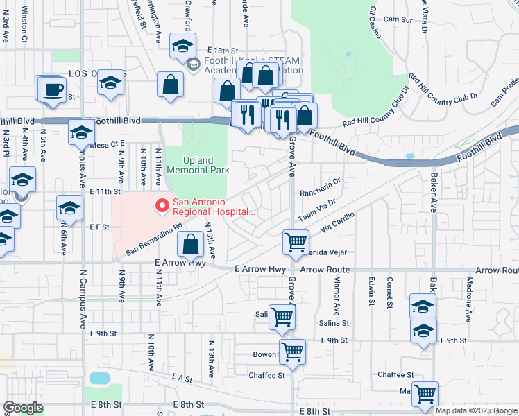 map of restaurants, bars, coffee shops, grocery stores, and more near 1350 San Bernardino Road in Upland