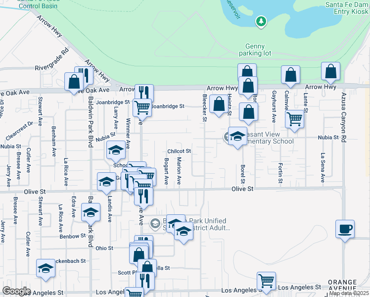 map of restaurants, bars, coffee shops, grocery stores, and more near 4934 Marion Avenue in Baldwin Park