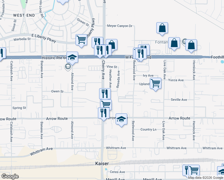 map of restaurants, bars, coffee shops, grocery stores, and more near 8315 Heather Avenue in Fontana