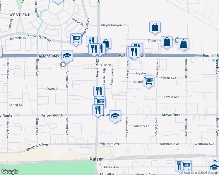 map of restaurants, bars, coffee shops, grocery stores, and more near 8316 Reseda Avenue in Fontana