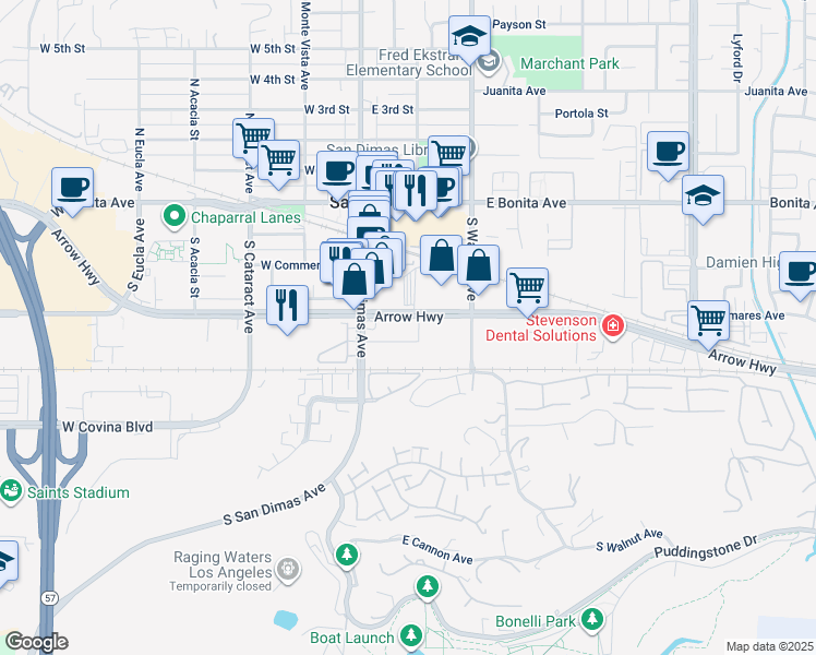 map of restaurants, bars, coffee shops, grocery stores, and more near 160 East Arrow Highway in San Dimas