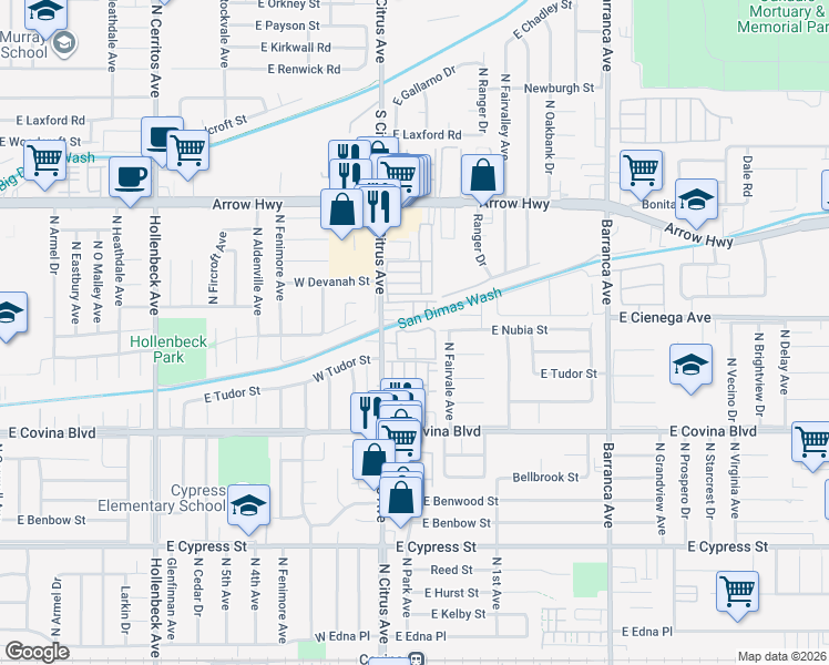 map of restaurants, bars, coffee shops, grocery stores, and more near 1254 North Citrus Avenue in Covina