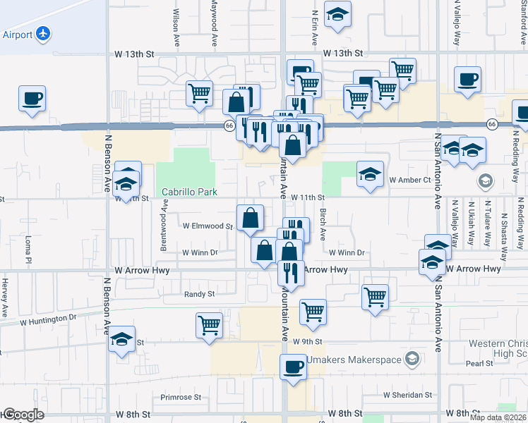 map of restaurants, bars, coffee shops, grocery stores, and more near 1241 Woodbury Court in Upland