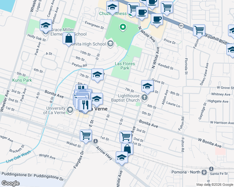 map of restaurants, bars, coffee shops, grocery stores, and more near 2311 6th Street in La Verne