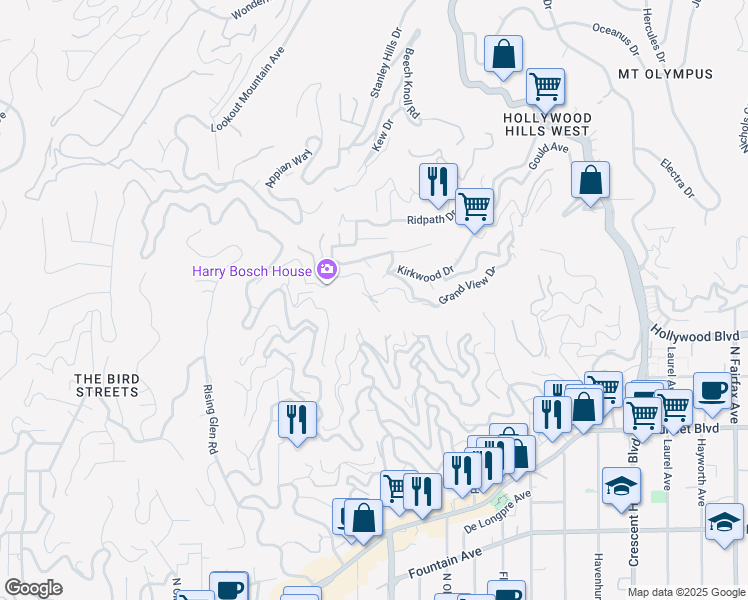 map of restaurants, bars, coffee shops, grocery stores, and more near 8524 Cole Crest Drive in Los Angeles