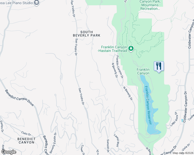 map of restaurants, bars, coffee shops, grocery stores, and more near 1735 Summitridge Drive in Beverly Hills