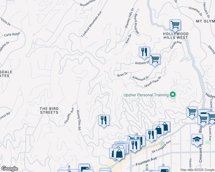 map of restaurants, bars, coffee shops, grocery stores, and more near 1723 Viewmont Drive in Los Angeles