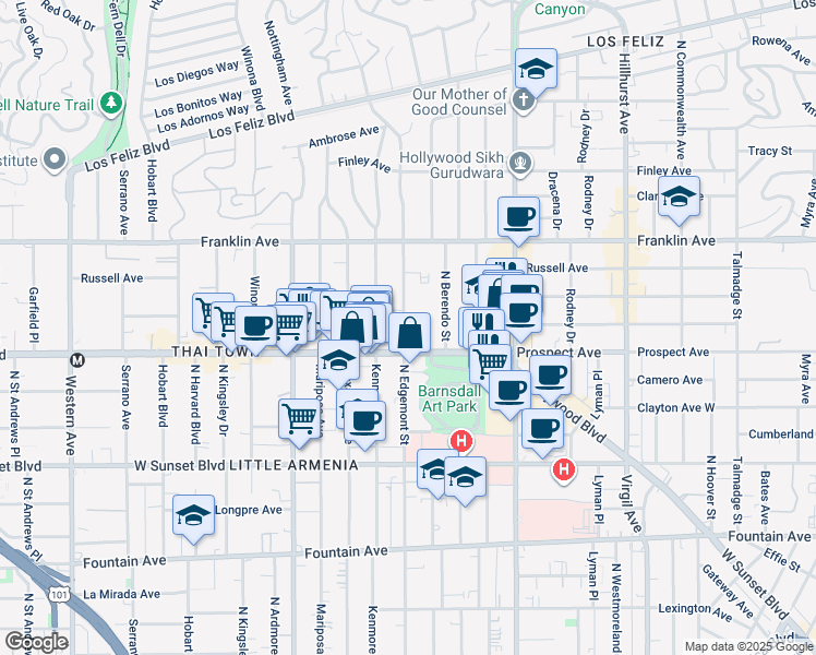 map of restaurants, bars, coffee shops, grocery stores, and more near 1724 North Edgemont Street in Los Angeles