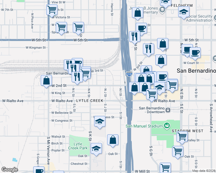 map of restaurants, bars, coffee shops, grocery stores, and more near 963 West 2nd Street in San Bernardino