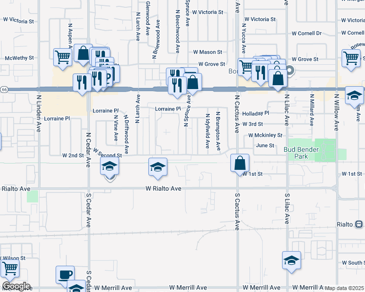 map of restaurants, bars, coffee shops, grocery stores, and more near 212 North Spruce Avenue in Rialto