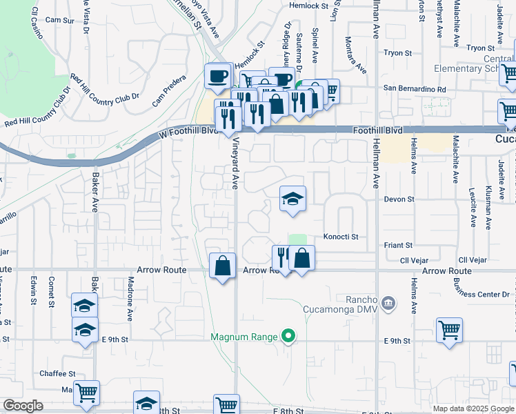 map of restaurants, bars, coffee shops, grocery stores, and more near 8317 Vineyard Avenue in Rancho Cucamonga