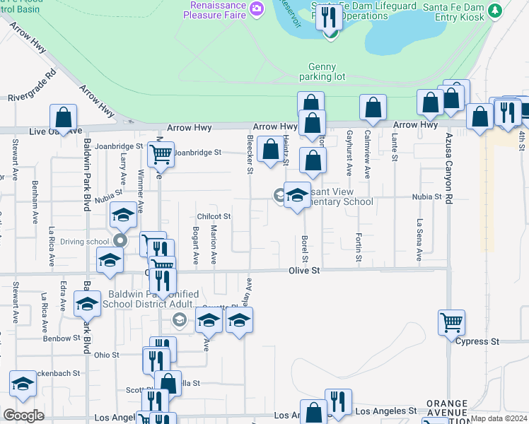 map of restaurants, bars, coffee shops, grocery stores, and more near 4944 Bleecker Street in Baldwin Park