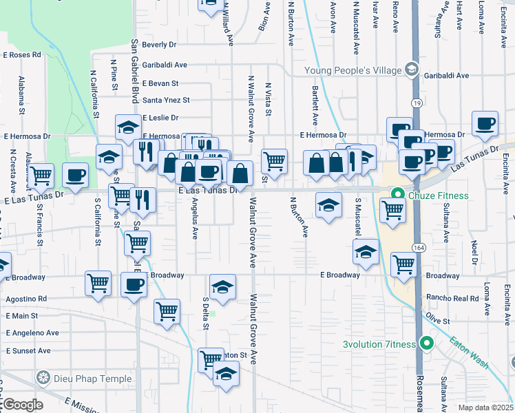 map of restaurants, bars, coffee shops, grocery stores, and more near 1124 East Las Tunas Drive in San Gabriel