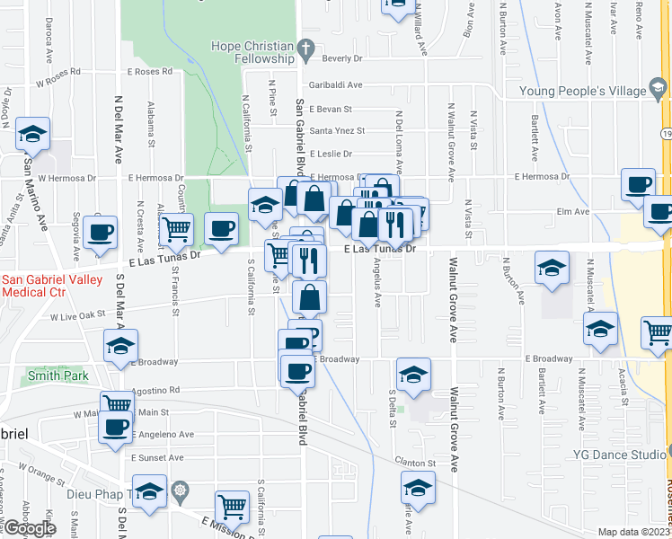 map of restaurants, bars, coffee shops, grocery stores, and more near 5633 North Charlotte Avenue in San Gabriel