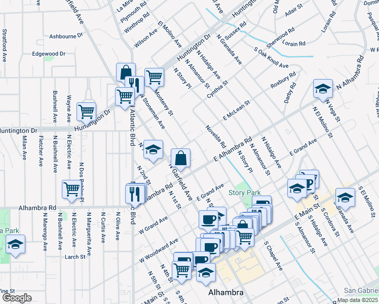 map of restaurants, bars, coffee shops, grocery stores, and more near 623 North Monterey Street in Alhambra