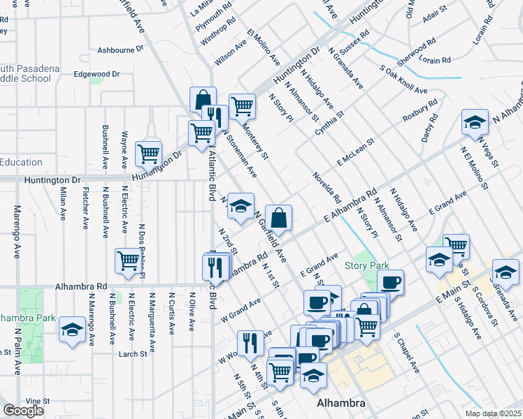 map of restaurants, bars, coffee shops, grocery stores, and more near 721 North Stoneman Avenue in Alhambra