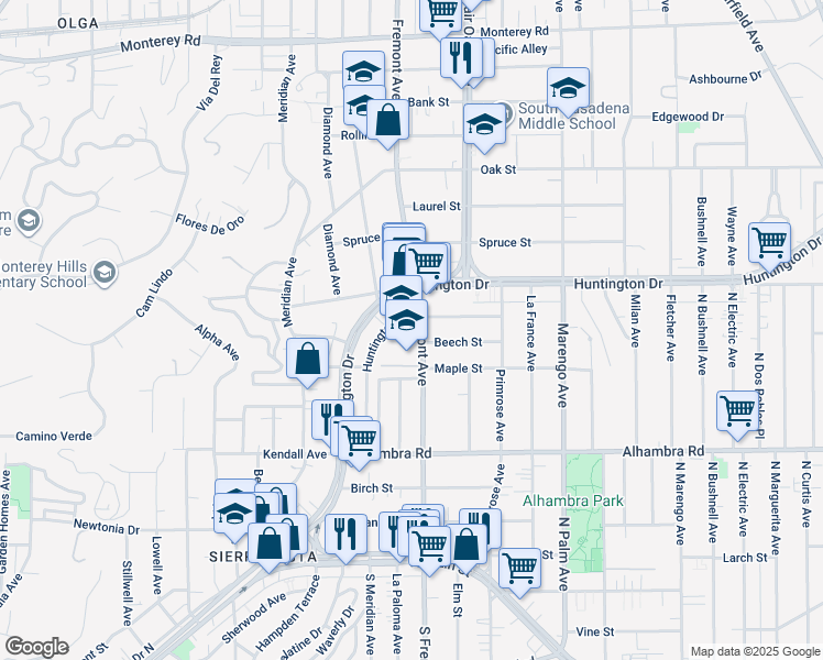 map of restaurants, bars, coffee shops, grocery stores, and more near 1400 Beech Street in South Pasadena