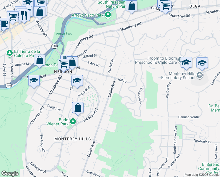 map of restaurants, bars, coffee shops, grocery stores, and more near 4942 Collis Avenue in South Pasadena