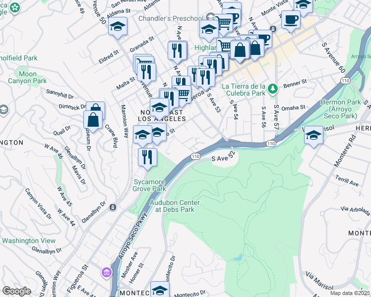 map of restaurants, bars, coffee shops, grocery stores, and more near 260 South Avenue 50 in Los Angeles