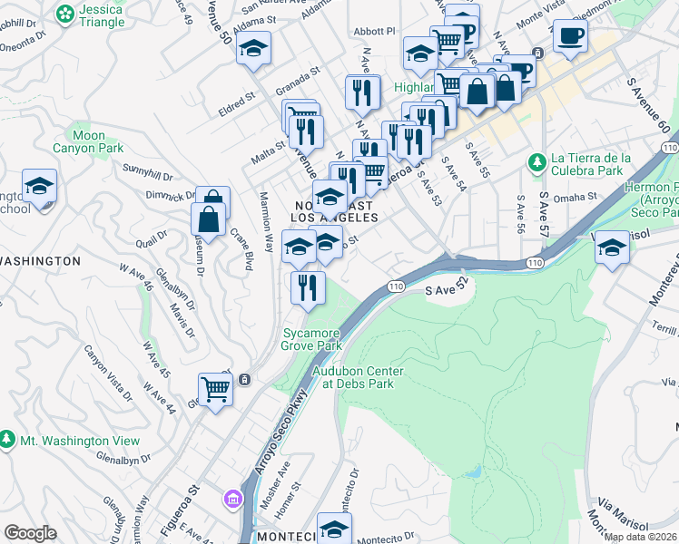map of restaurants, bars, coffee shops, grocery stores, and more near 4912 Oak Terrace Drive in Los Angeles
