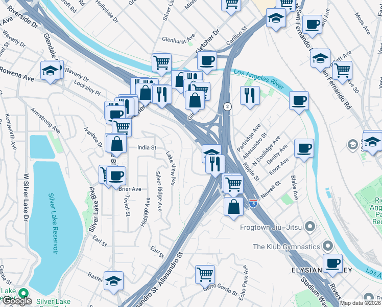map of restaurants, bars, coffee shops, grocery stores, and more near 2639 Riverside Terrace in Los Angeles