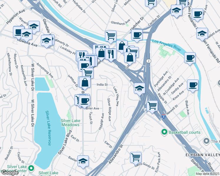 map of restaurants, bars, coffee shops, grocery stores, and more near 2180 Audrey Place in Los Angeles