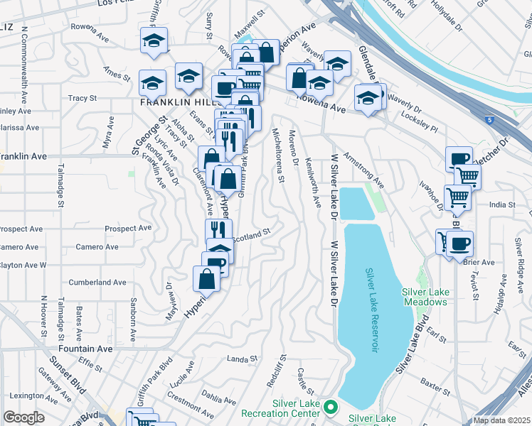 map of restaurants, bars, coffee shops, grocery stores, and more near 2384 Panorama Terrace in Los Angeles