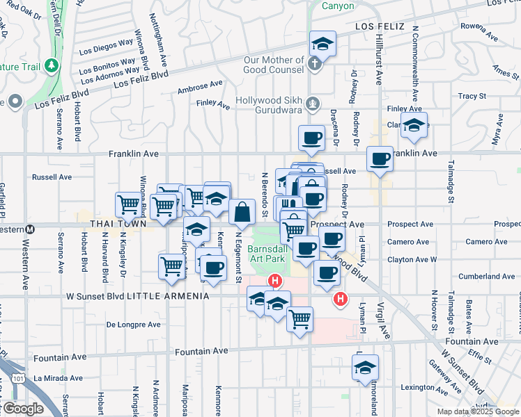 map of restaurants, bars, coffee shops, grocery stores, and more near 1719 North Berendo Street in Los Angeles