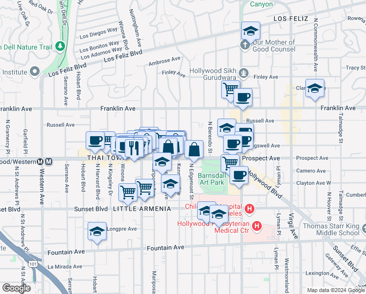 map of restaurants, bars, coffee shops, grocery stores, and more near 1723 North Kenmore Avenue in Los Angeles