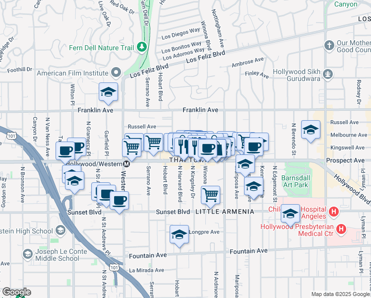 map of restaurants, bars, coffee shops, grocery stores, and more near in Los Angeles