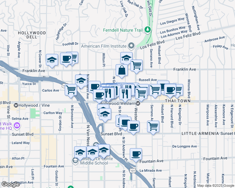 map of restaurants, bars, coffee shops, grocery stores, and more near 5628 West Observation Lane in Los Angeles