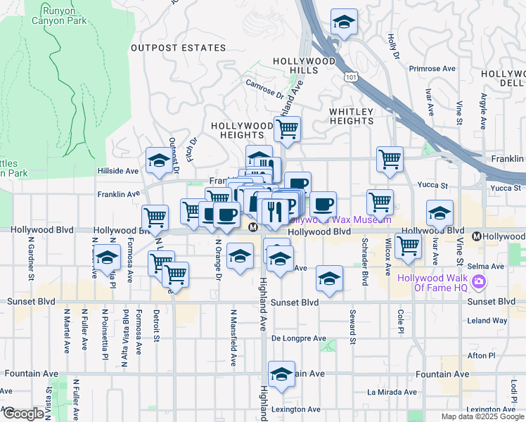 map of restaurants, bars, coffee shops, grocery stores, and more near 1755 North McCadden Place in Los Angeles