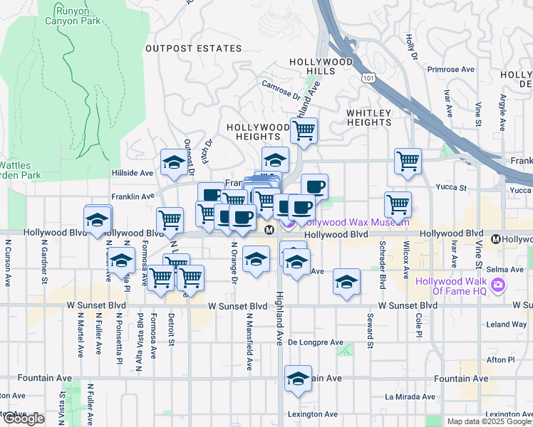 map of restaurants, bars, coffee shops, grocery stores, and more near 6801 Hollywood Boulevard in Los Angeles