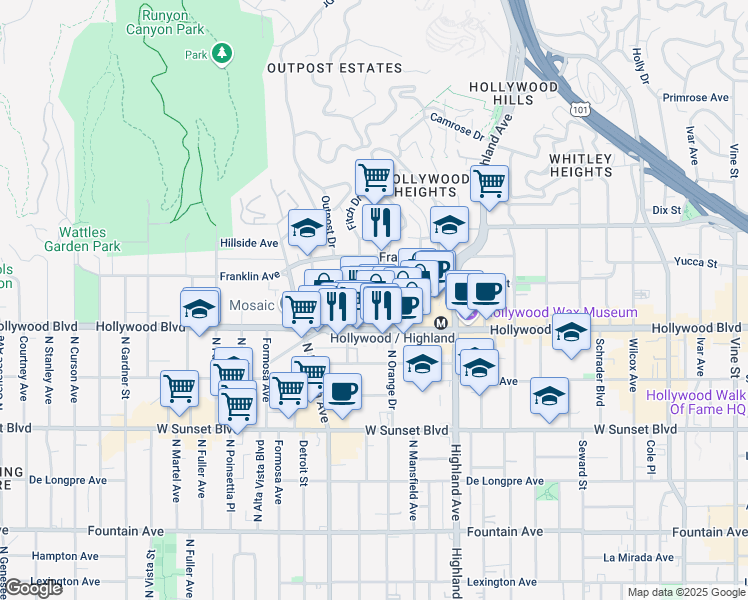 map of restaurants, bars, coffee shops, grocery stores, and more near 7021 Hollywood Boulevard in Los Angeles