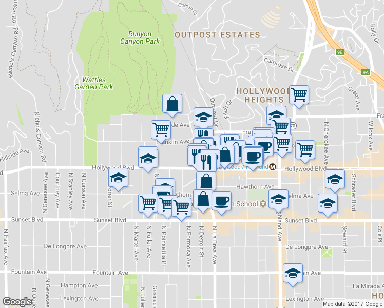 map of restaurants, bars, coffee shops, grocery stores, and more near 1730 North La Brea Avenue in Los Angeles