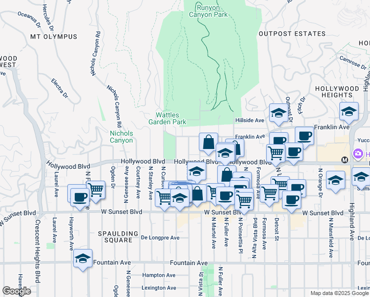 map of restaurants, bars, coffee shops, grocery stores, and more near 1731 North Gardner Street in Los Angeles