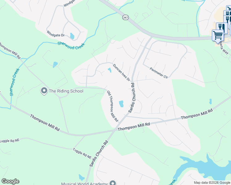 map of restaurants, bars, coffee shops, grocery stores, and more near 2801 Old Thompson Mill Road in Buford