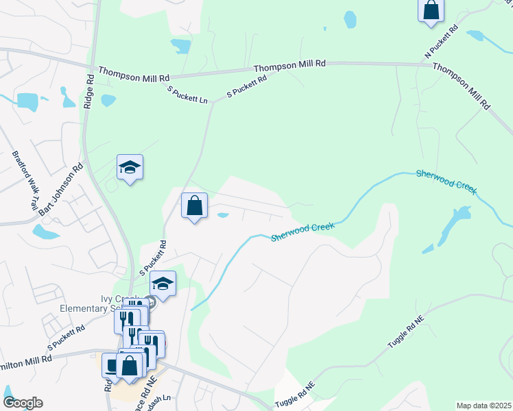 map of restaurants, bars, coffee shops, grocery stores, and more near 3397 Hill Pond Drive Northeast in Buford