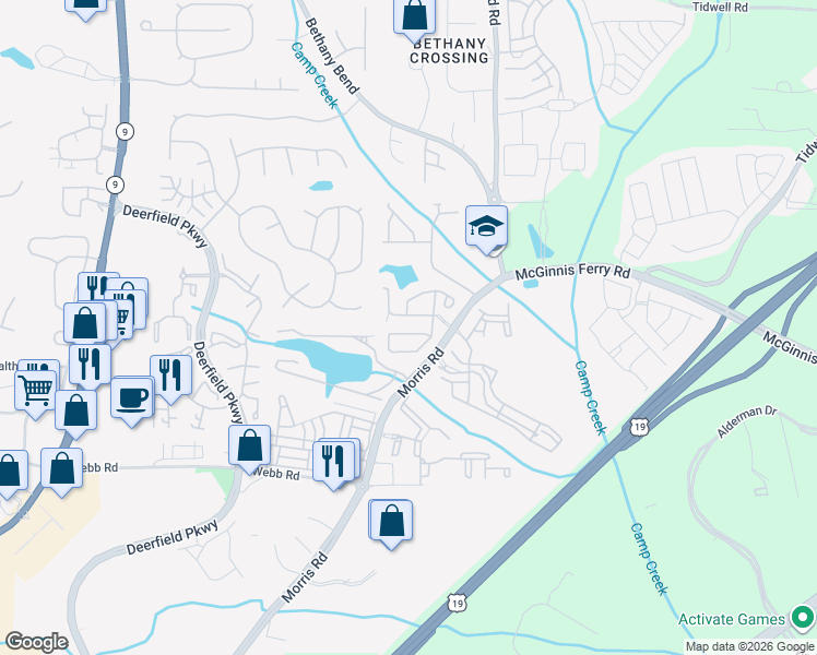 map of restaurants, bars, coffee shops, grocery stores, and more near 13300 Morris Road in Milton