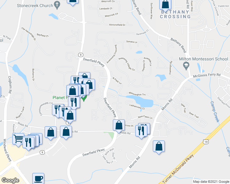 map of restaurants, bars, coffee shops, grocery stores, and more near Highway 9 in Alpharetta
