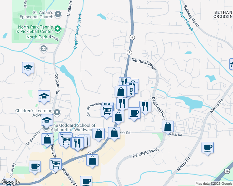 map of restaurants, bars, coffee shops, grocery stores, and more near 3168 Genesis Way in Alpharetta