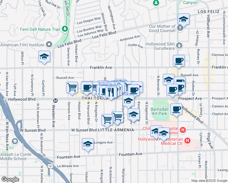 map of restaurants, bars, coffee shops, grocery stores, and more near 1731 North Normandie Avenue in Los Angeles