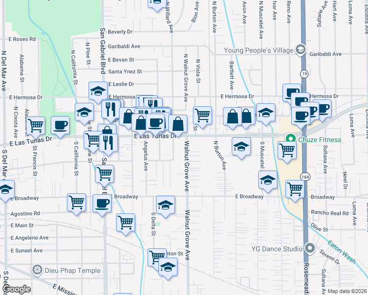 map of restaurants, bars, coffee shops, grocery stores, and more near 5626 North Willard Avenue in San Gabriel