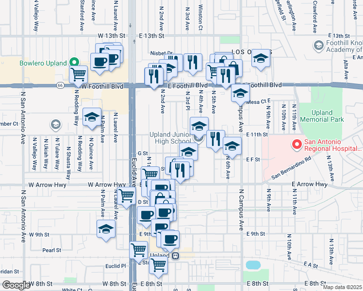 map of restaurants, bars, coffee shops, grocery stores, and more near 748 North 3rd Avenue in Upland