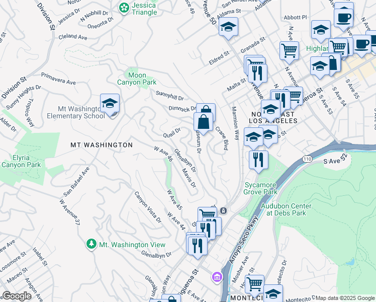 map of restaurants, bars, coffee shops, grocery stores, and more near 466 Quail Drive in Los Angeles
