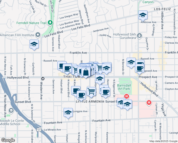 map of restaurants, bars, coffee shops, grocery stores, and more near 1722 1/2 North Normandie Avenue in Los Angeles