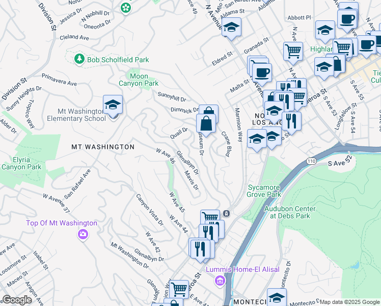 map of restaurants, bars, coffee shops, grocery stores, and more near 466 Quail Drive in Los Angeles